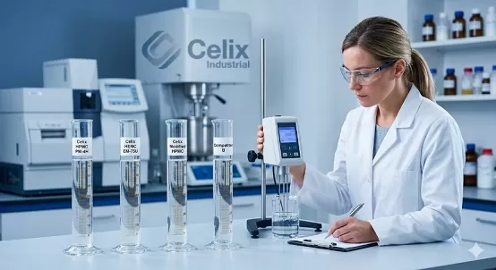 셀프 레벨링 모르타르 첨가제의 유동성 및 안정성 시험을 수행하는 Celix 산업 연구소